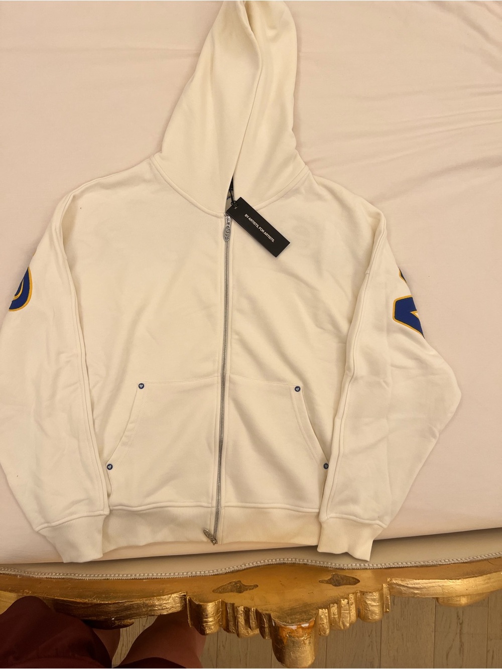 Lightweight Cream Zip Hoodie with Sleeve Patch